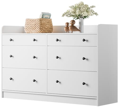 Cozy Castle Kommode Weiß mit 6 Schubladen, Sideboard, Schlafzimmer Schränke, Eckkommode, Holz Modern Möbel, für Wohnzimmer, Home Office, Eingangsbereich