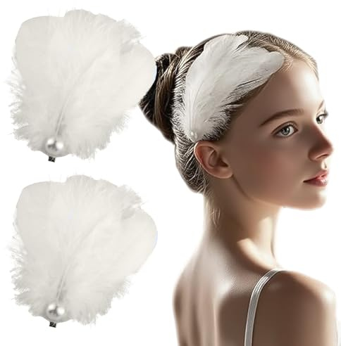 2Pcs White Feather Hair Clips - Ballet Style Artificial Swan & Ostrich Feather with Faux Pearl - Wedding Engagement Birthday Party Stage Accessories for Women