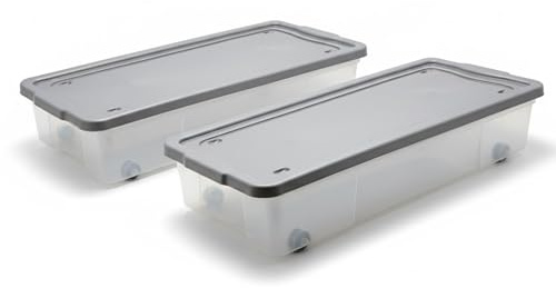 ALEEZ - 47L Underbed Storage Box with Wheels & Lid - Rolling Plastic Storage Container Organizer for Bedroom, Home, Office, & Closet - Stackable Space Saving Box for Clothes, Toys, Bedding (Clear, 2)