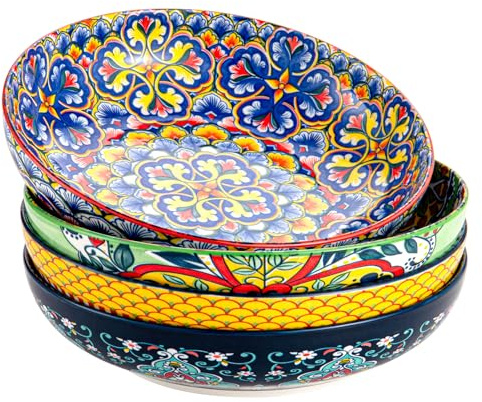 HENXFEN LEAD Saladiers 1330 ml, assiettes creuses, assiettes à pâtes, lot de 4 en porcelaine, grands plats de service colorés pour pâtes, nouilles, salade, soupe, style bohème