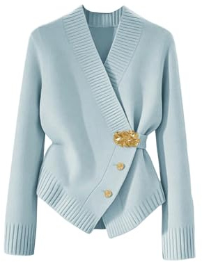 Verdusa Women's Elegant Metal Button Down Cardigan Wrap V Neck Long Sleeve Knitted Sweaters Blue