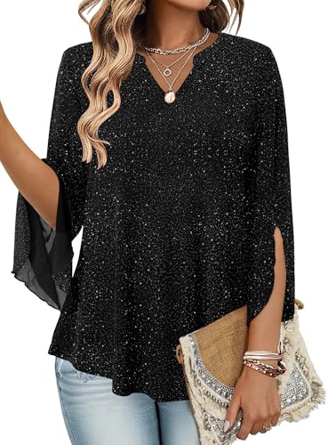 KISSMODA Womens Ruffle 3/4 Sleeve V Neck Tunic Tops Double Layers Mesh Blouses Dressy Trendy Shirts A Black