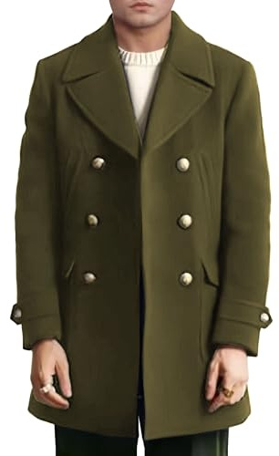 Herr mellanlängd tandad kavajslag trenchcoat enkelknäppt ullblandning överrock man smal varm affärs ärtrockar topp, gRÖN, XS