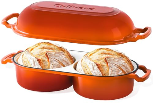 CULIVORA Cast Iron Bread Pan with Lid, Enamel Sourdough Baking Dutch Oven Pot, Double Round Loaf Space for Homemade, Bread, Cake, Meatloaf, 16.5cm Diameter, 500°F Oven Safe, Non Stick, Orange