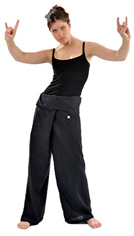 FANTAZIA Pantalon pecheur thailande Noir uni - Taille Unique - 100% Coton - Noir - Basique uni - Confortable & Original - Créé en France, Fabrication Ethique Depuis 2004