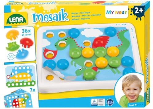 Lena 35630 x Mein erstes Steckmosaik mit 36 Steckern, Mosaiksteine mit Ø von 32 mm, Mosaikspiel mit 7 Steckvorlagen mit abgerundeten Ecken, Steckspiel für Kinder ab 2 Jahre, Mosaik Bastelset, bunt