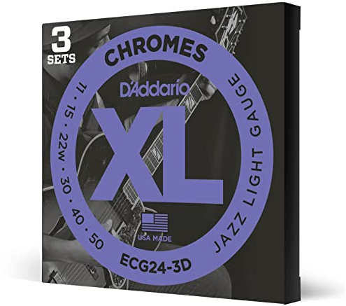 D'Addario Guitar Strings - XL Chromes Electric Guitar Strings - Flat Wound - Polished for Ultra-Smooth Feel and Warm, Mellow Tone - ECG24-3D - Jazz Light, 11-50, 3-Pack