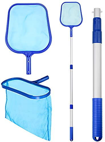 Kit di Pulizia per Piscine, Kit per Piscina Asta per Retino, Leaf Skimmer, Pool Mesh Net Net Cleaning Tool con Due Reti e Polo Alluminio Lunga per Pulizia Piscina Foglie Detriti