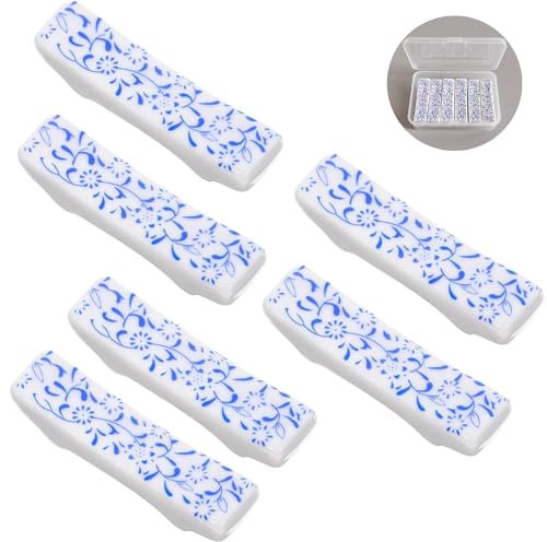 NIUKOMY 6 Stück Keramik Stäbchen Halter, Chinesisches Essstäbchen Ablagen, Japanisch Stäbchenbänke, Stäbchen Kissen, Restaurant Zubehör Besteckablagen, Blaues und Weißes Porzellan