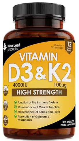 Vitamin D3 K2 - Vitamin D3 4000iu & Vitamin K2 100ug (MK7) 1 Year Supply, Supports Immunity, Calcium Absorption and Bone Health, Non-GMO, UK Made by New Leaf 365 Micro Small Vegetarian Tablets,