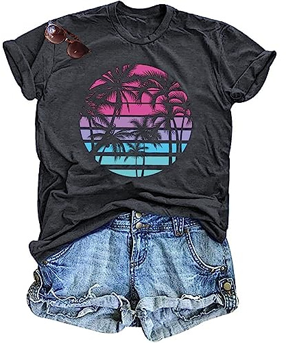 Hawaiian Shirts for Women Palm Trees Beach Graphic Tee Tops Summer Vacation Short Sleeve Tshirt Tops Dark Grey M