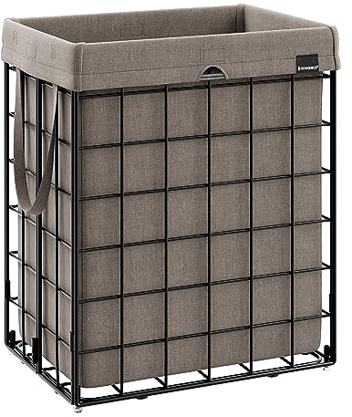 SONGMICS Laundry Hamper, 23.8 Gal. (90L) Laundry Basket, Collapsible Clothes Hamper, Removable and Washable Liner, Metal Wire Frame, for Bedroom Bathroom, Black and Camel Brown ULCB190N01