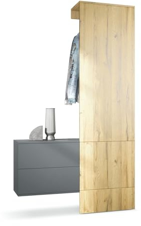 Vladon Mueble recibidor Carlton Set 2, Mueble de Entrada Compuesto por 1 Perchero, 1 Armario de cajones, Antracita Mate/Roble Natural (105 x 193 x 35 cm)