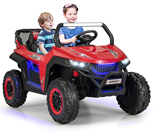 COSTWAY 2-sitsig barnbil med 2,4 G-fjärrkontroll, 12 V, UTV för barn med musik och strålkastare, bil som går i 2–4 km/h, för barn från 3 år (röd)