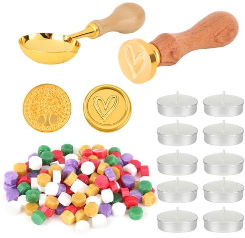 jwogngls 120 Siegelwachs Perlen Herz Lebensbaum Set mit 2 Wachssiegel Stempel, 1 Holzgriff, 1 goldener Malstift, 10 Kerzen und 1 Schmelzlöffel
