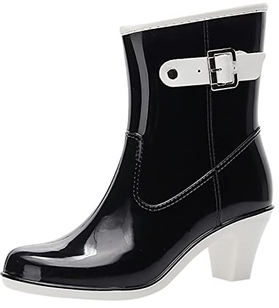 Botines para mujer con tacón grueso para exteriores, botas punk, botas de agua, antideslizantes, media lluvia, goma, botas para mujer, botas de mujer, talla 11 de ancho, Black, 38.5 EU