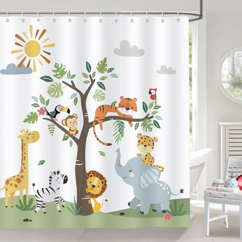 Bonhause Duschvorhang Kinder Cartoon Tiere Giraffen Elefant Duschvorhänge 180 x 180 cm Anti-Schimmel Wasserdicht Polyester Stoff Waschbar Bad Vorhäng für Badzimmer mit 12 Haken