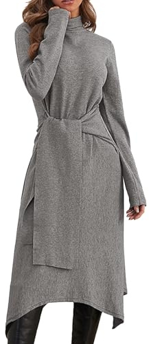 JayscreateEU Women's Knit Dress Winter Dress Autumn Women's Winter Dresses Autumn Dress Midi Dress Pullover Dress With Turtleneck Long Sleeve Dress With Belt Warm Dress A-Line, gray, L