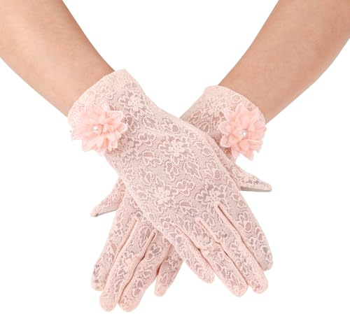 Spetshandskar, Korta Spetshandskar för Kvinnor Tea Party-handskar Spetsblommiga Handskar Bröllopshandskar för Bröllopsfest Cosplay (Rosa)