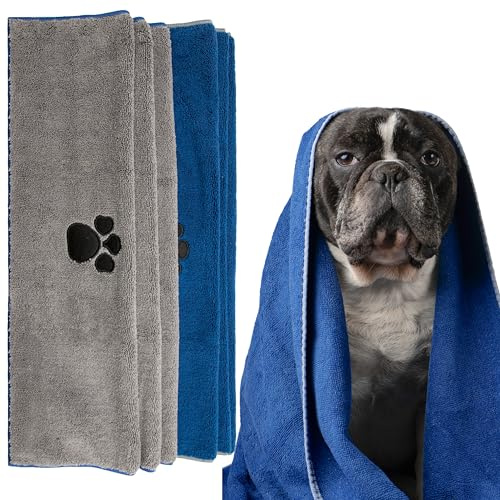 Asciugamano super assorbente in morbida microfibra per cani e gatti, ad asciugatura rapida, asciugamani per animali domestici, accessori da bagno, pulisci zampe per unghie (blu/grigio, 100 x 60 cm,