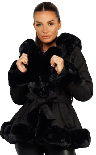 Lexi Fashion Womens Ladies Winter Coat Faux Vegan Suede Leather Fur Trim Collar Hooded Lined Hem Cuff Warm Parka Belted Swing Jacket Black UK Size XS/06