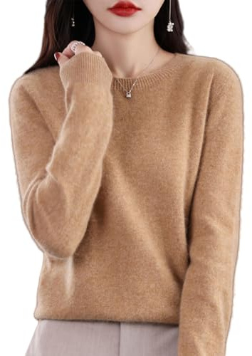 Jeeeun Cashmere Sweaters for Women, Womens Cashmere Sweater, Cashmere Crew Neck Long Sleeve Soft Pullover Sweater (Golden camel,M)