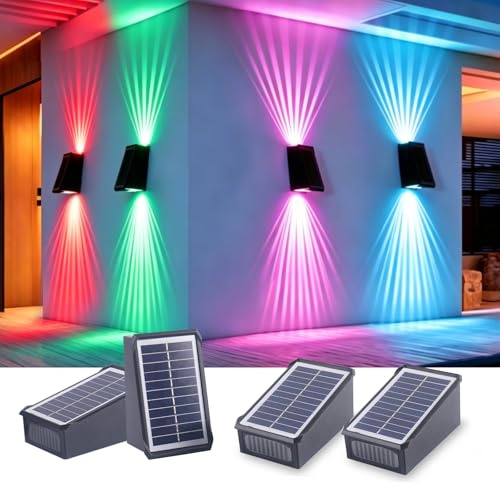 Fosingut Lámpara de Pared Solar para Exterior 4 PCS,RGB Aplique Solar Exterior LED Luz de Pared Up & Down,Impermeable IP65 Luces Solares LED Exterio Jardin para Porche,Camino,Valla,Patio