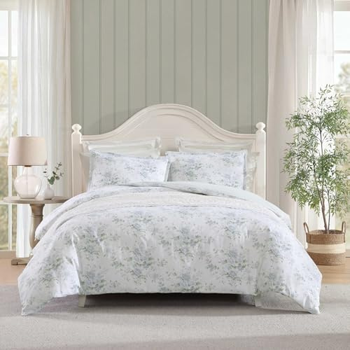 Laura Ashley - Duvet Cover Set, Super Soft Bedding with Matching Shams, Serene Watercolor Floral Design, Elegant and Feminine Aesthetic (Arundel Grey, King)