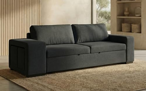 BUDWING Avery Sofá Cama 3 Plazas + 2 Pufs – Sistema de Cama Integrado, Cojines Sueltos – Tejido 100% Poliéster – Estilo Moderno – 248x117x90 cm – Negro