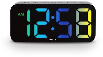 Acctim Ramone Black Digital Alarm Clock, LED Colour Changing Display, USB-C Mains Powered, USB-C Charging Port