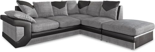 Large Dino Corner Sofa - Fire Resistant L Shaped Sofa - Foam Filled Couch Set With Footstool - Jumbo Cord Leather Fabric Chaise Sofas for Living Room Lounge (grey, Right Hand)