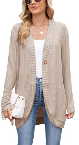 Famulily Ladies Ribbed Knit Autumn Cardigans with Pockets Loose Button Down V Neck Cardigans for Women (XL, Khaki)