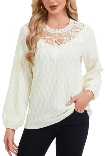 Atxnn Blouse Femme Chemisier Élégant Chic Top Manches Longues Haut Col Rond T-Shirt Automne Printemps Dentelle Couleur Unie