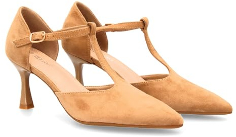 Zapato de Tacon Medio con Tira en T para Mujer. Elegante, Comodo y versatil. con un Diseno Tipo Salon Ideal para Otono Invierno. Cierre de Hebilla y Tacon Fino.