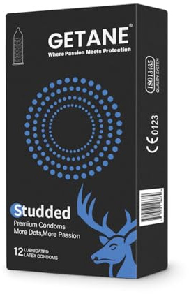 Getane Intesified Studded Lubricated Condoms, Comfortable and Extral Dotted Condoms for Men and Women, Premium Natural Latex, 12 Count Pack