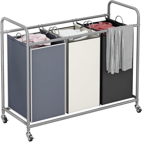 Dazioter 3-Bag Laundry Hamper, Rolling Laundry Basket, 35.6 Gal(135 L) Laundry Sorter Cart, Laundry Room Organization with Heavy Duty Rolling Lockable Wheels and Removable Bags(Assorted)