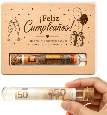 Tarjeta Cumpleaños Original De Madera, Regalar Dinero Regalo Sorpresa | Soporte de madera con tubo para billetes y sobre. Ideal tarjeta regalo o regalo cumpleaños. Diseño festivo y elegante.
