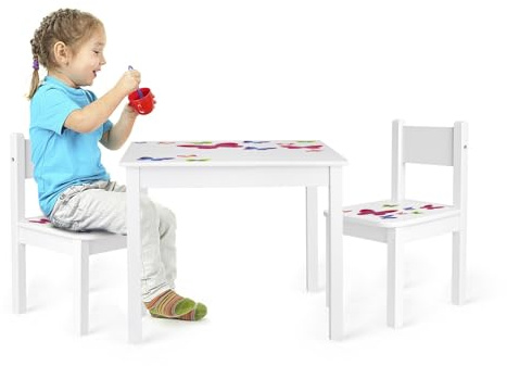 Leomark barnbord trä med 2 stolar 60 x 60 x 49(H) cm, modernt set för barn, möbler perfekt för hem och dagis, barnstolar, bord i stol set, barnmöbler med UV-utskrif Fjärilar