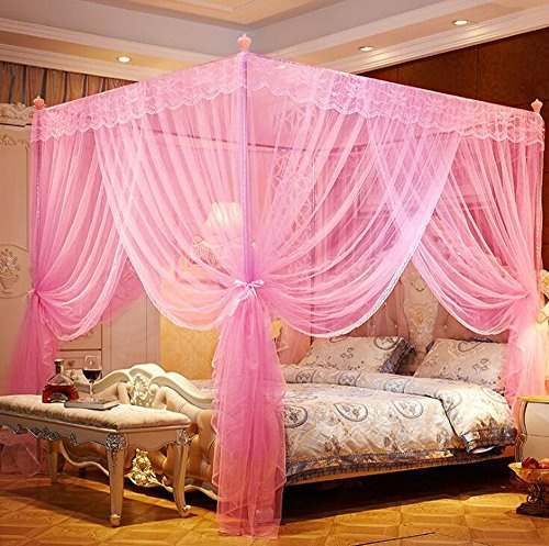 Nattey 4 Corners Canopy Bed Curtains Princess Bed Curtain Canopy Mosquito Netting Canopies (Twin, Pink)