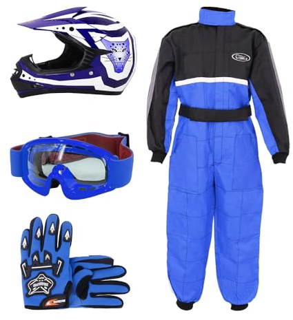 Zorax ZOR-X17 Youth Motocross Helmet & Gloves & Goggles & Motocross Suit | Helmet Blue S (49-50cm) - Gloves S(5cm) - Suit S(5-6 Years) Children Dirt Bike Off Road Motorbike Helmet ECE 2206