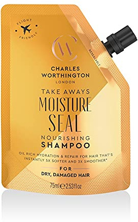 Charles Worthington Moisture Seal Nourishing Shampoo Takeaway, Travel Size, Coconut, Argan and Macadamia Oils, Salon Shampoo for Deep Moisture, 75ml