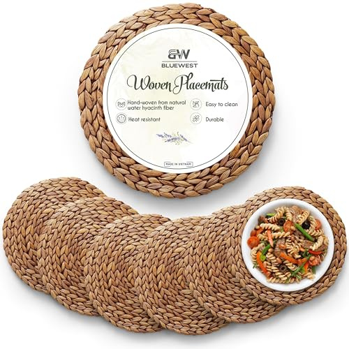 BLUEWEST Woven Placemats, (Sizes:11.8-13.5''-15) Round Placemats Rattan Placemats, Wicker Water Hyacinth Placemats, Braided Placemats Set, Heat Resistant/Anti-Slip for Dinner Plate (11.8'', Set 6)