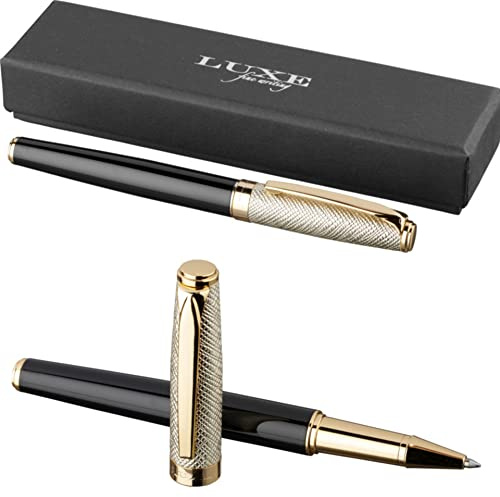 noTrash2003 Lujoso bolígrafo con tapa de piel dorada y partes doradas lacadas, escritura en negro, elegante instrumento de escritura