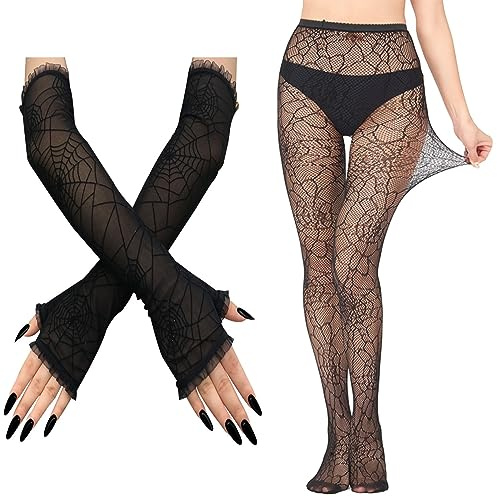 HIXNUG 2 Pairs Spiderweb Tights With Spider Web Gloves - Black Tight Fishnet Stocking Warmer Long Fingerless Gloves