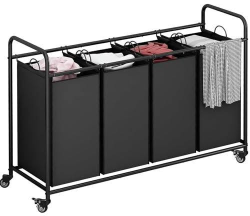 LINZINAR 4 Section Laundry Hamper, Black Laundry Basket 180L Laundry Sorter