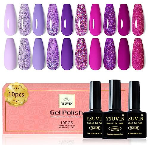 YSUVIN Smalto Semipermanente, 10 Colori Viola Chiaro, Glitter, Fucsia, Scuro, Per Unghie Soak Off UV/LED, Nail Art Manicure, 8ml