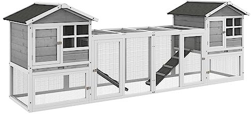 PawHut Kaninchenstall Kleintierstall aus Holz Kaninchenhaus mit Außengehege, Rampe, Kleintierhaus mit Bodenwanne, Kleintierkäfig für Indoor Outdoor Grau 259 x 64 x 92 cm