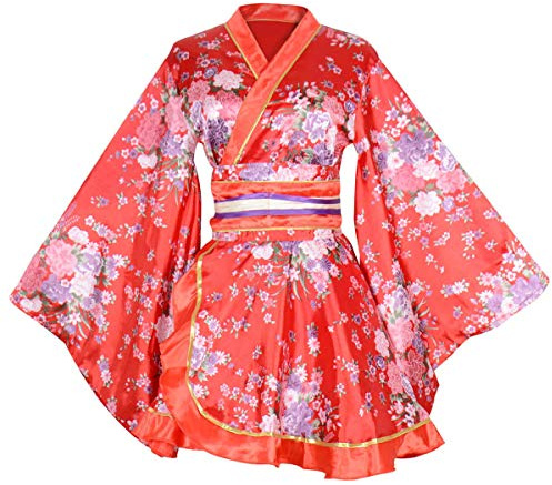 Generic Disfraz de kimono corto sexy para mujer, disfraz de geisha yukata japonesa con estampado de flores con cinturón Obi, rosso, talla única