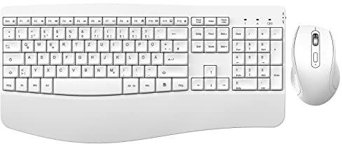 Tastatur Maus Set Ergonomisch, 2.4GHz Kabellose Tastatur und Maus, seenda Fullsize Tastatur mit Handgelenkauflage und Nummernblock, DE QWERTZ Layout, Wireless Combo für Windows PC, Laptop, Weiß