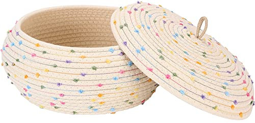 Sea Team runder Baumwollseilkorb mit Deckel, farbenfroher Regenbogen-Pompom-Webkorb, Topf, Caddy, Organizer, Behälter für Snacks, Handtücher, Pflanzen,13 x 5.5 Zoll (Groß,Flach,Regenbogen)